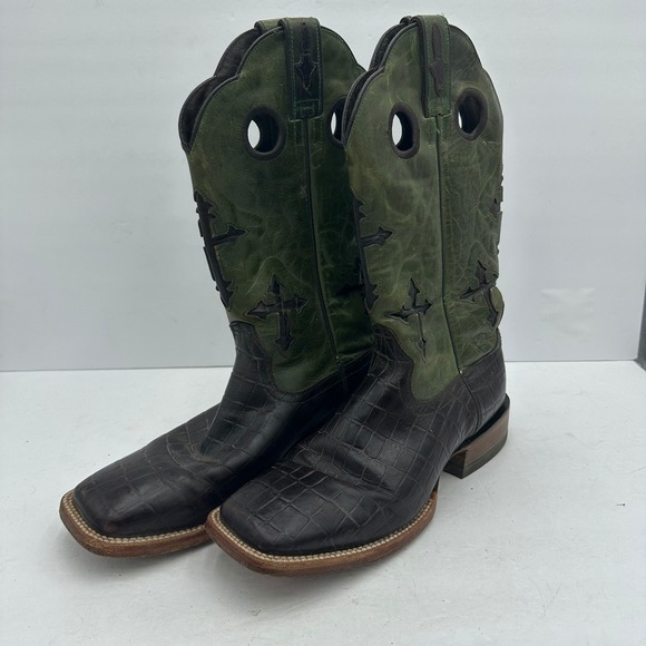 Ariat Other - Ariat Mens Ranchero Cowboy Boots Sz 9.5D Green Brown Cross Overlay Square Toe